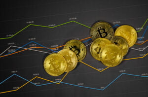 Gold bitcoin on financial charts for cryptocurrency prices